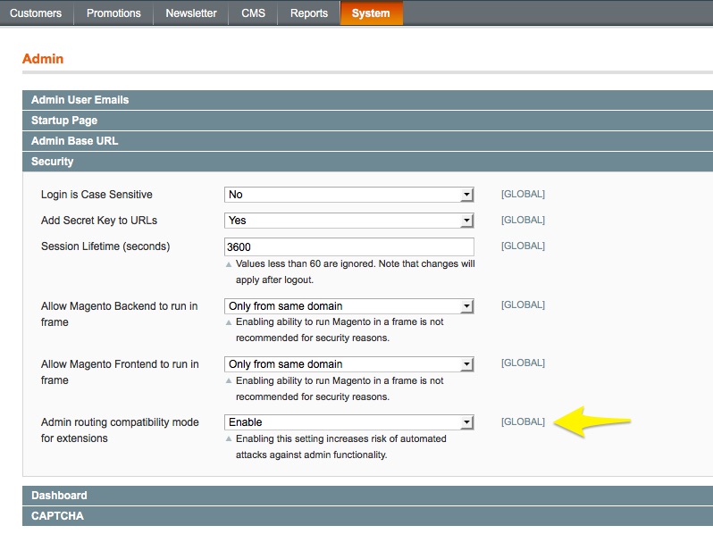 Admin routing compatibility mode for extensions